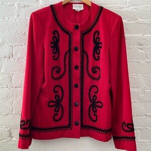 Jenna Womens Red Wool Blazer Size 12 Embroidered Jacket Holiday Party Festive